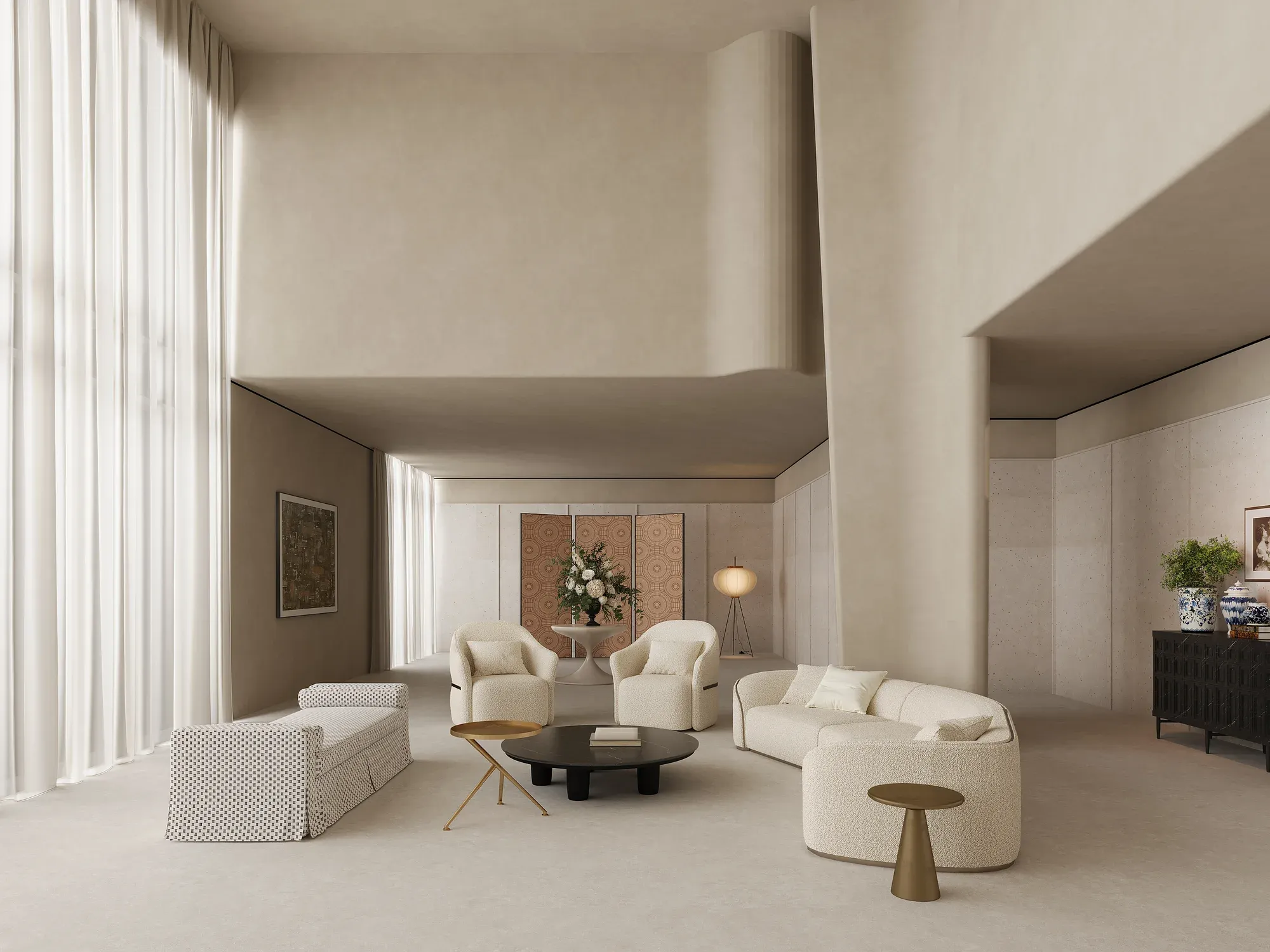 Fontainebleau ivory beige sintered stone used in a soft neutral living room floor