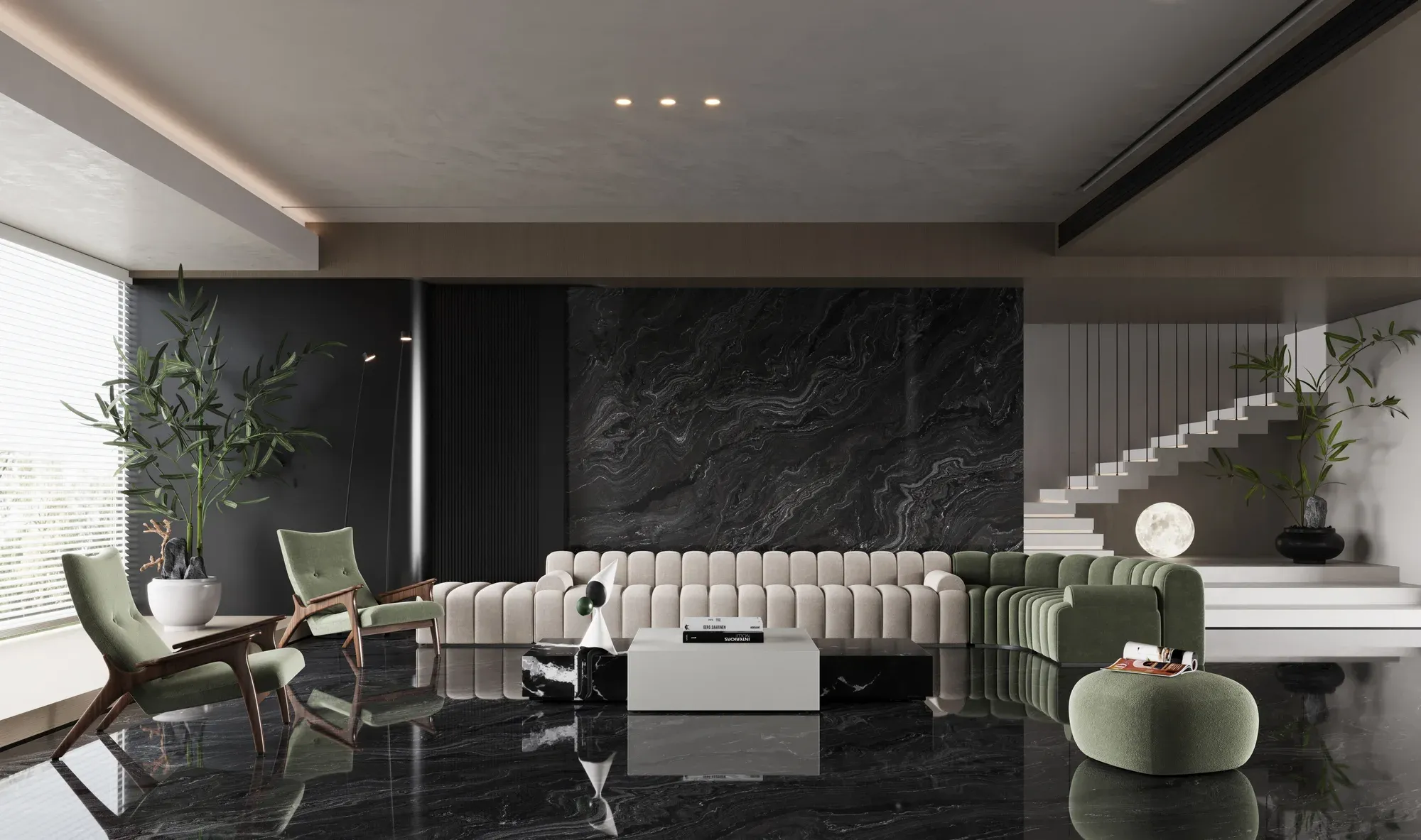 Gucci Black black sintered stone used in a dark luxury living room wall and floor