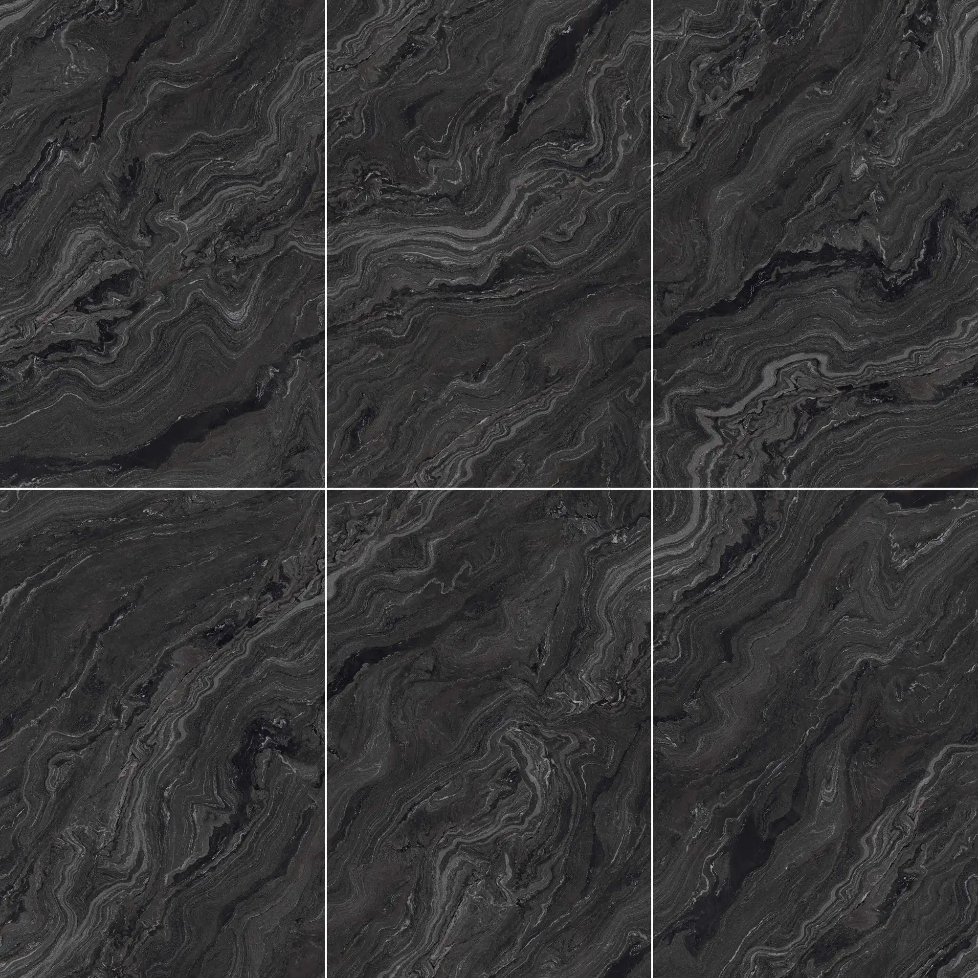 Six coordinated Gucci Black black marble look sintered stone slab faces