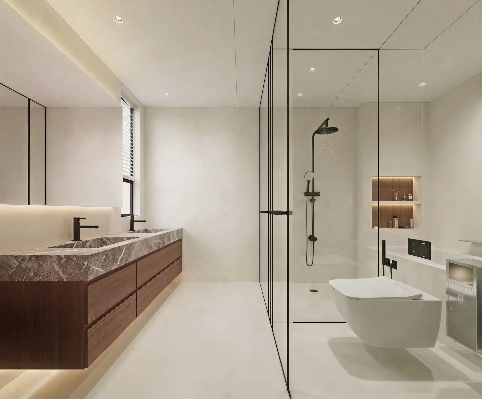 Health Care cream beige sintered stone used in a cream bathroom wall and floor