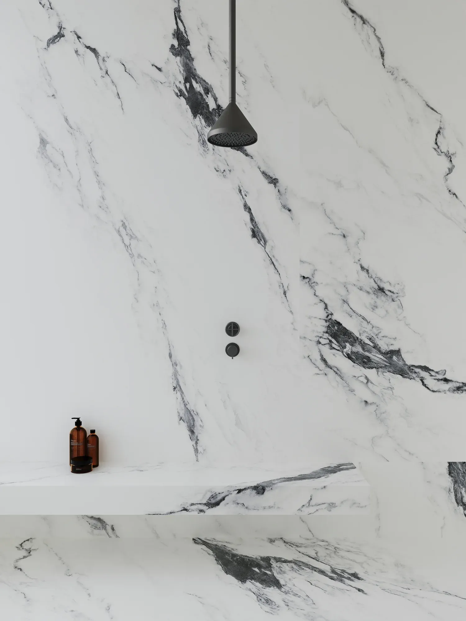Ink Silence white and black sintered stone used in a bathroom vanity wall