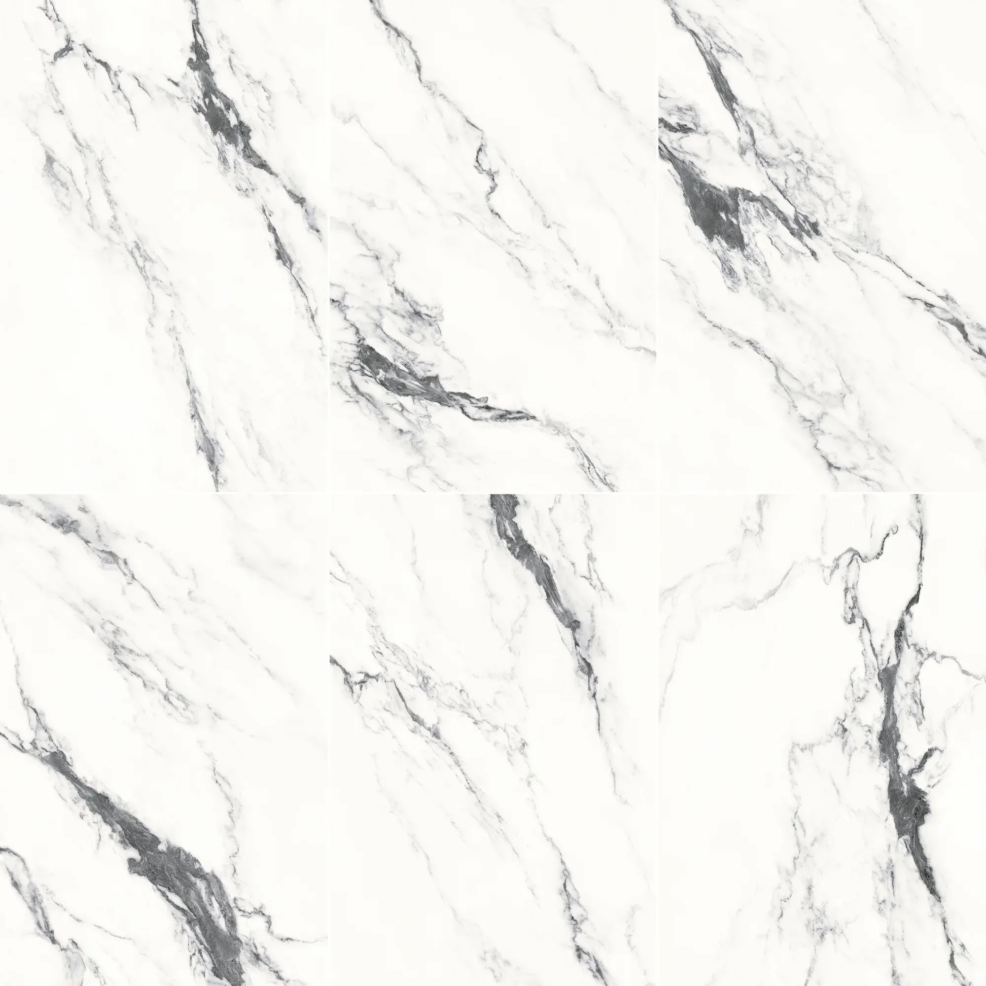 Six coordinated Ink Silence white and black marble look sintered stone slab faces