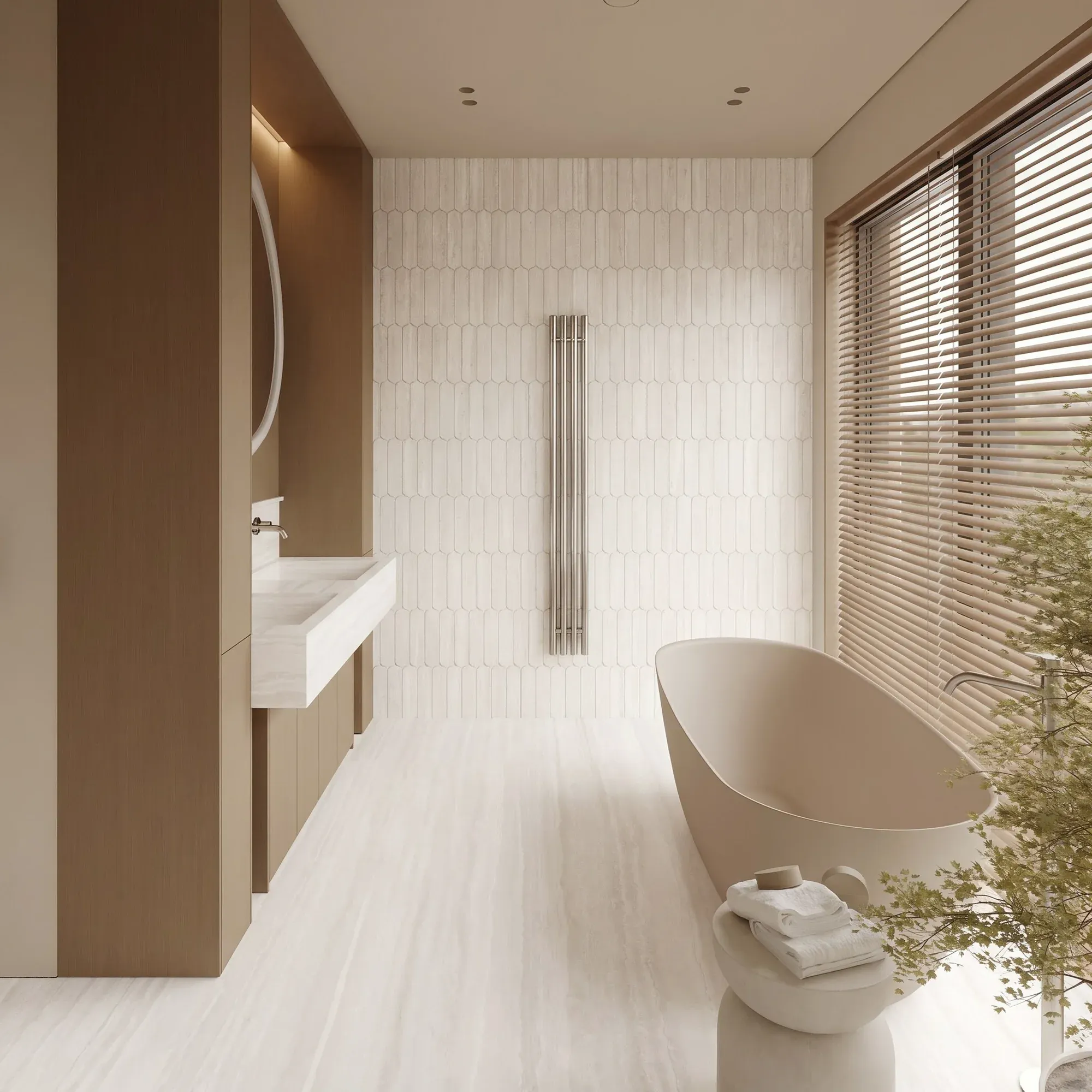 Ivory White Cave ivory white sintered stone used in a warm minimalist bathroom wall and floor