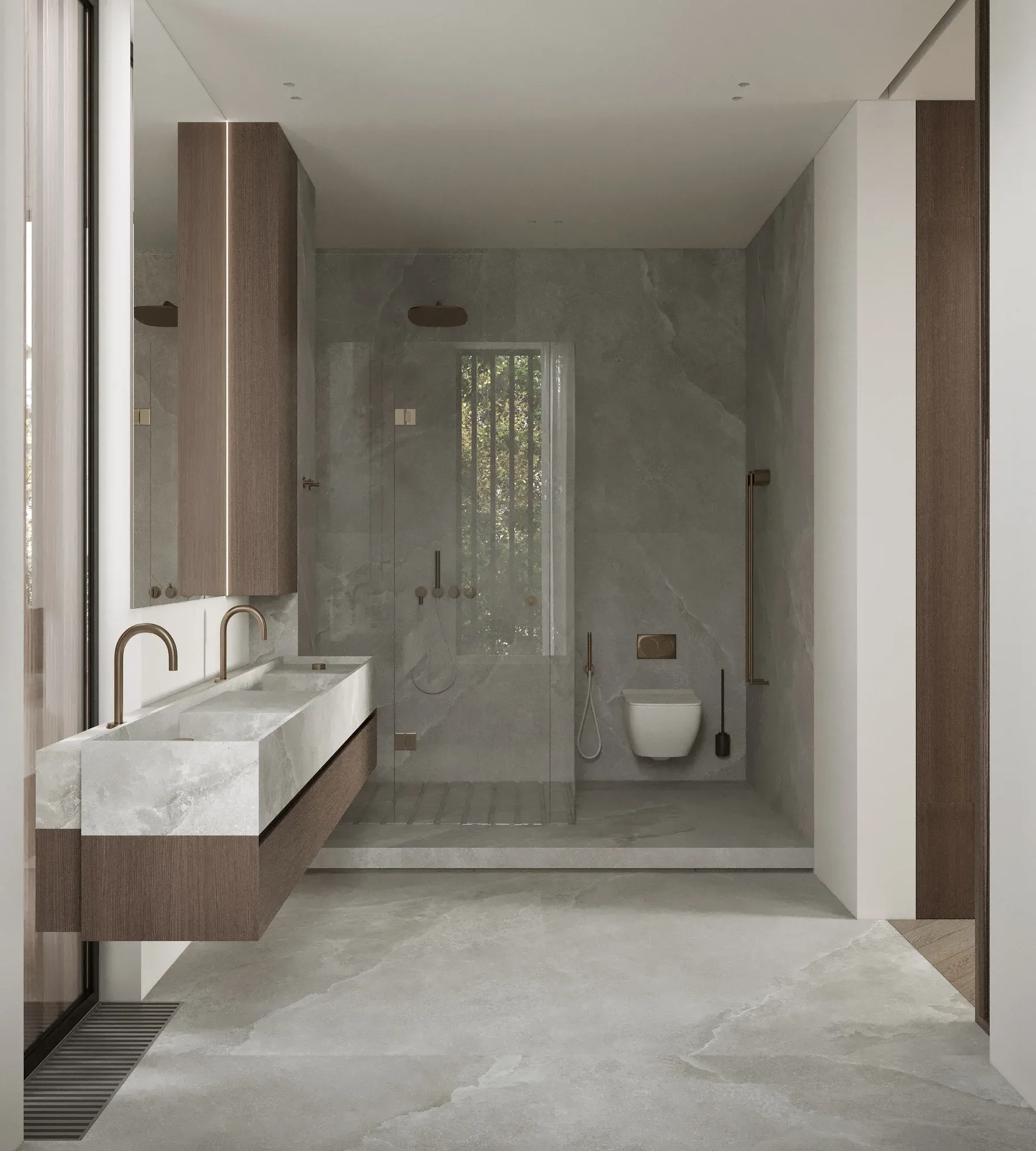 Jadeite Vein Gray gray sintered stone used in a gray bathroom wall and floor