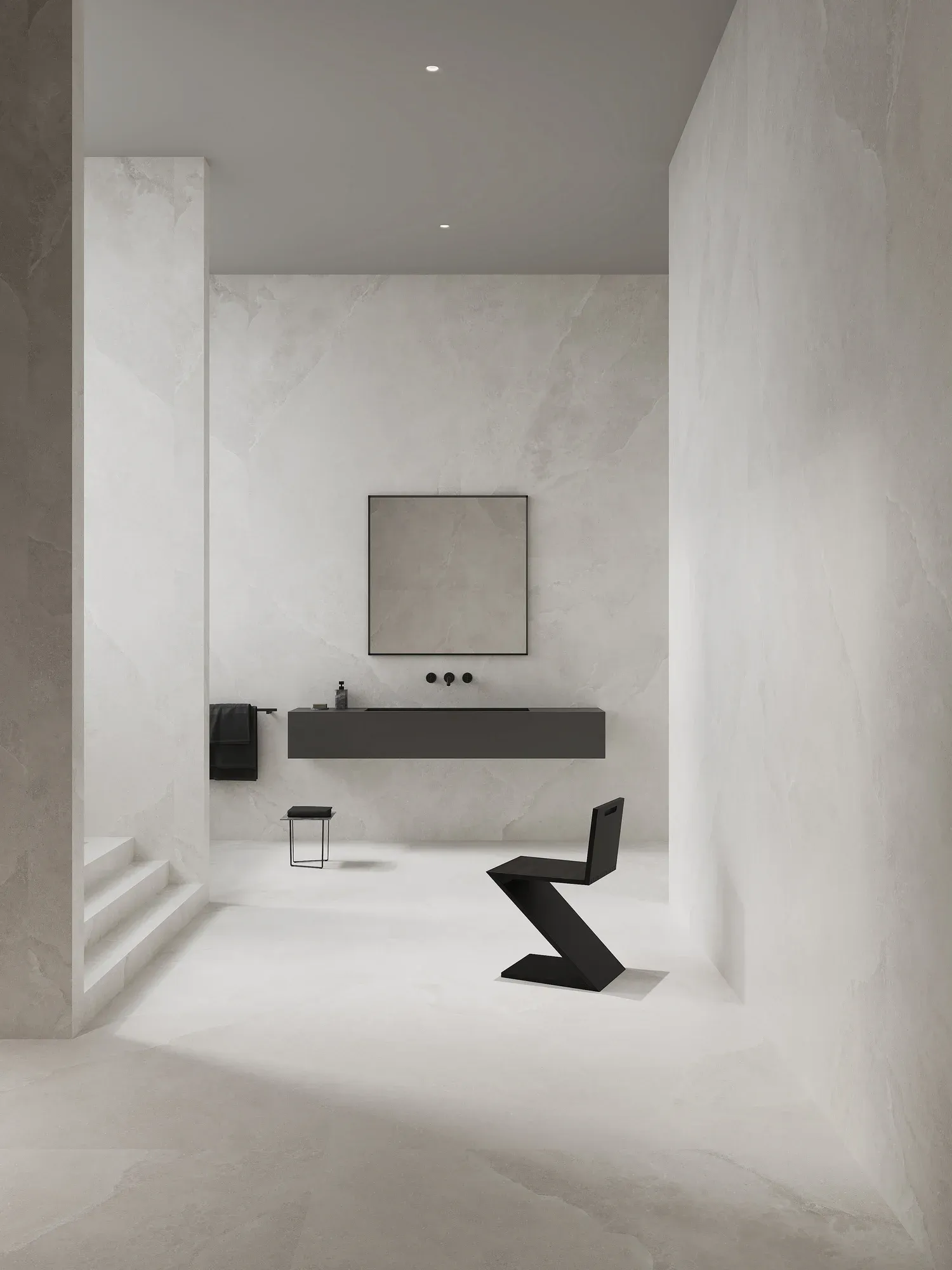 Jadeite Vein White warm white sintered stone used in a minimalist interior wall and floor