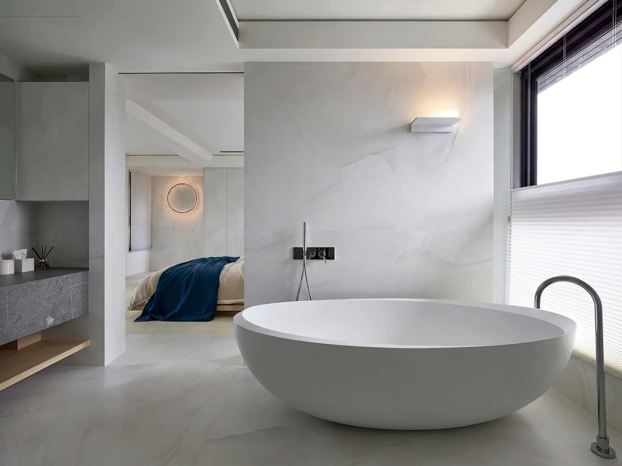 Misty Jiangnan white sintered stone used in a bathroom interior