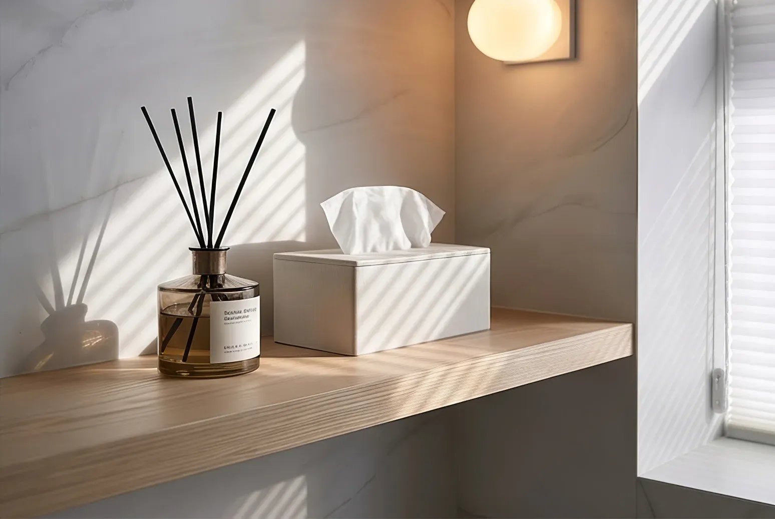 Misty Jiangnan white sintered stone used in a bathroom vanity detail