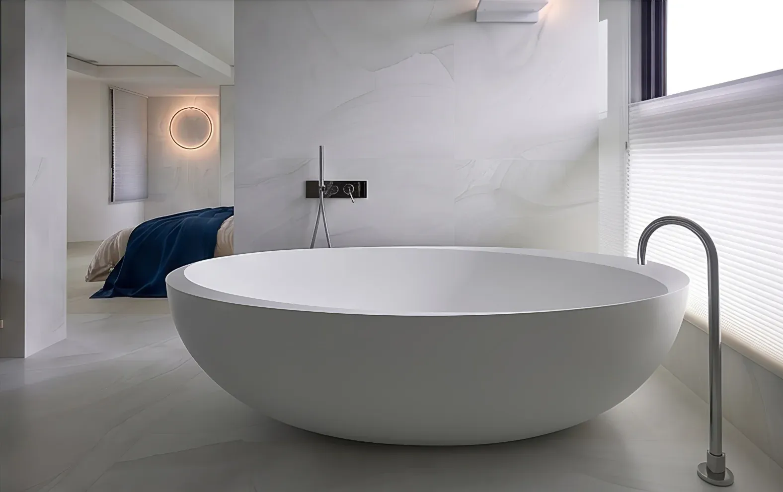 Misty Jiangnan white sintered stone used in a freestanding bathtub wall and floor