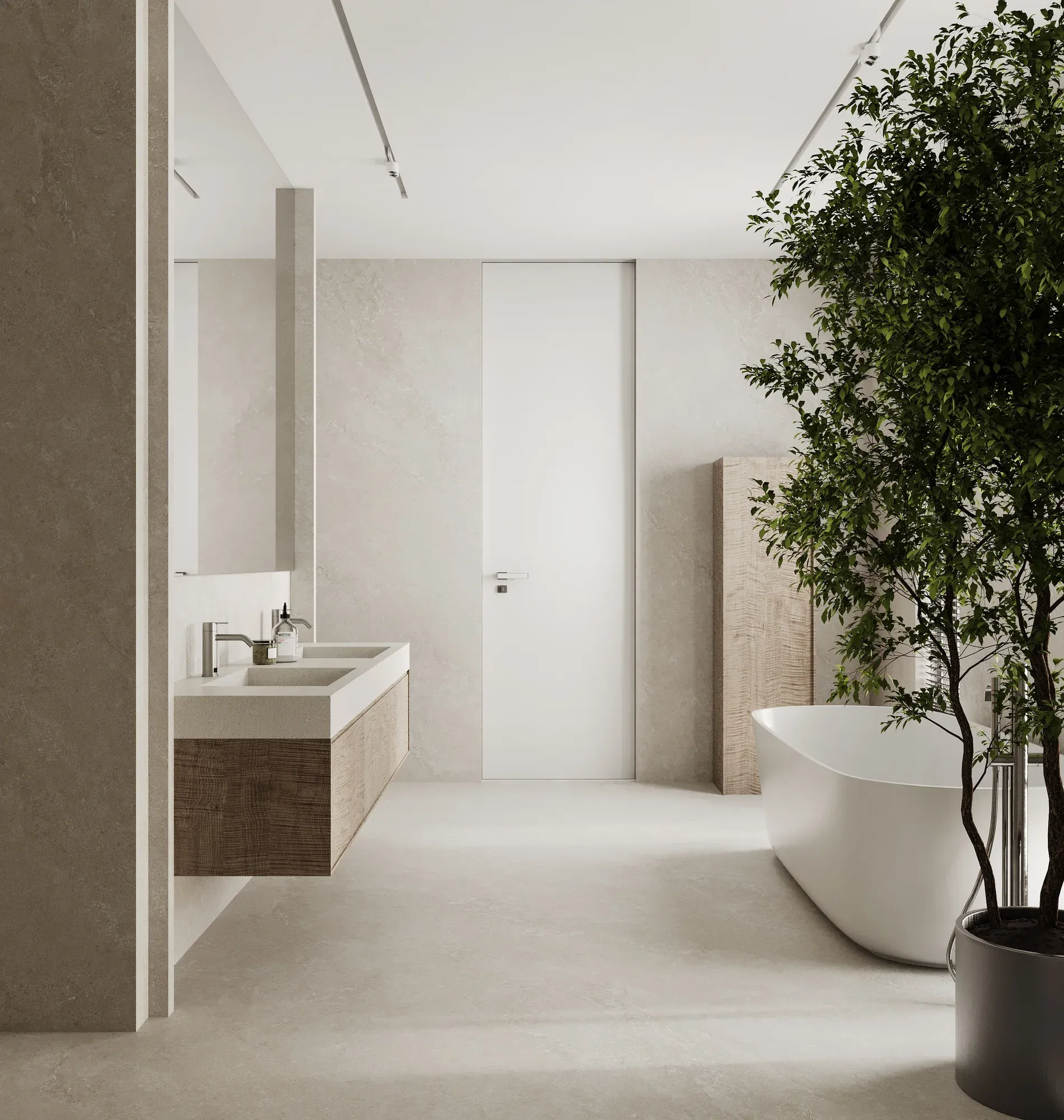 Pizza Grey light gray sintered stone used in a bathroom interior
