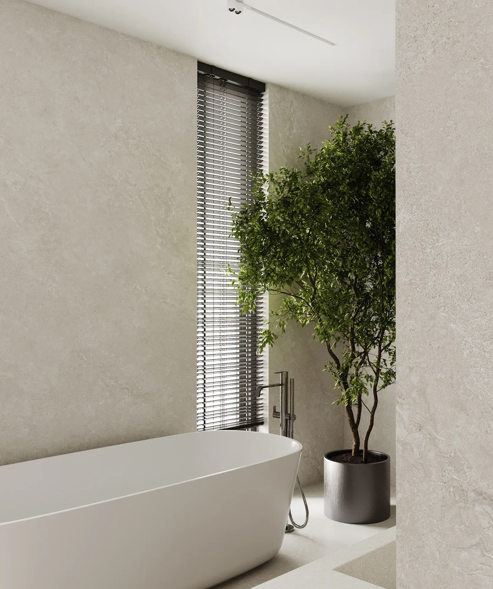 Pizza Grey light gray sintered stone used in a bathroom wall and floor detail
