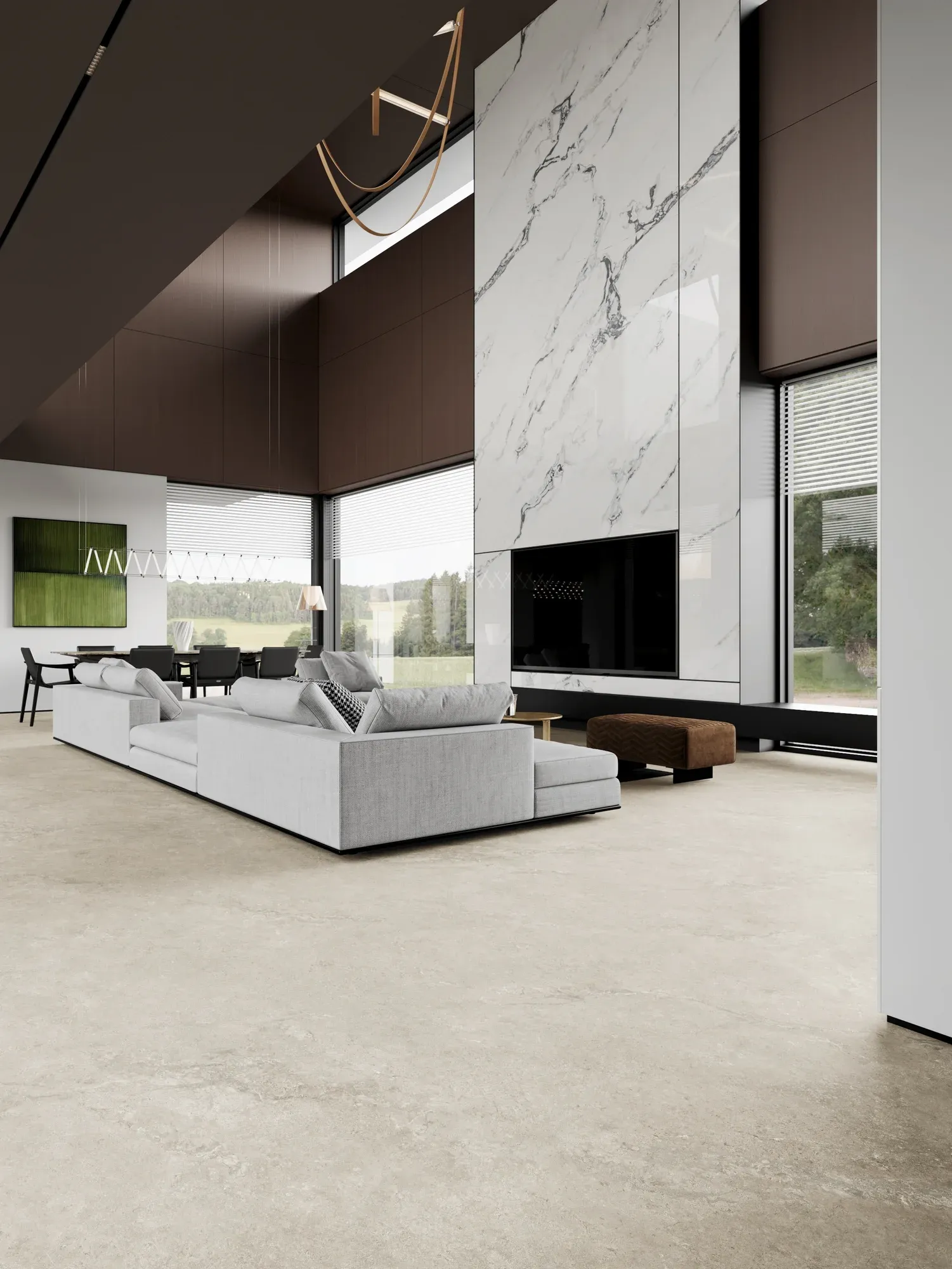 Pizza Grey light gray sintered stone used in a open-plan living room floor