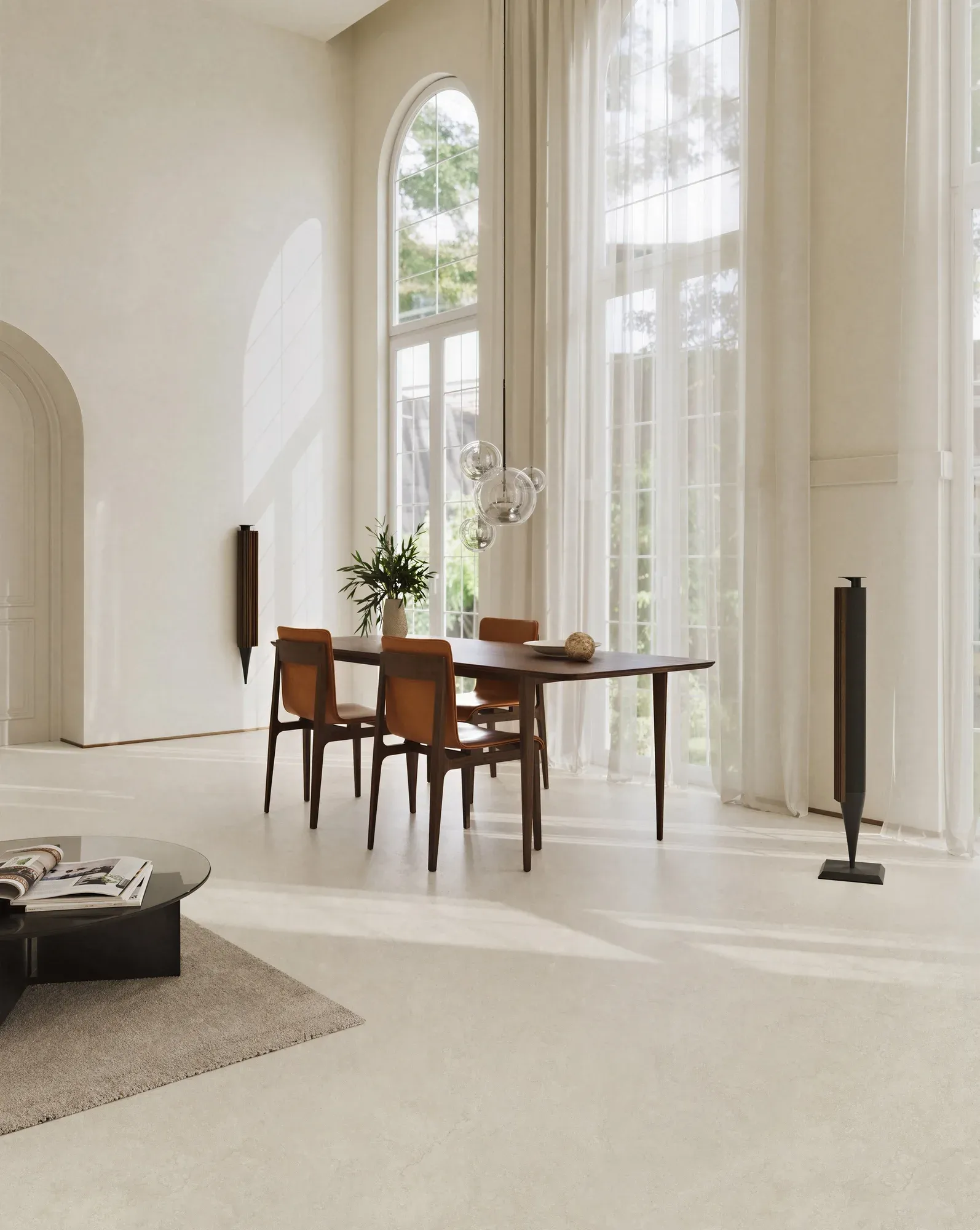 Portland White ivory white sintered stone used in a bright dining room floor