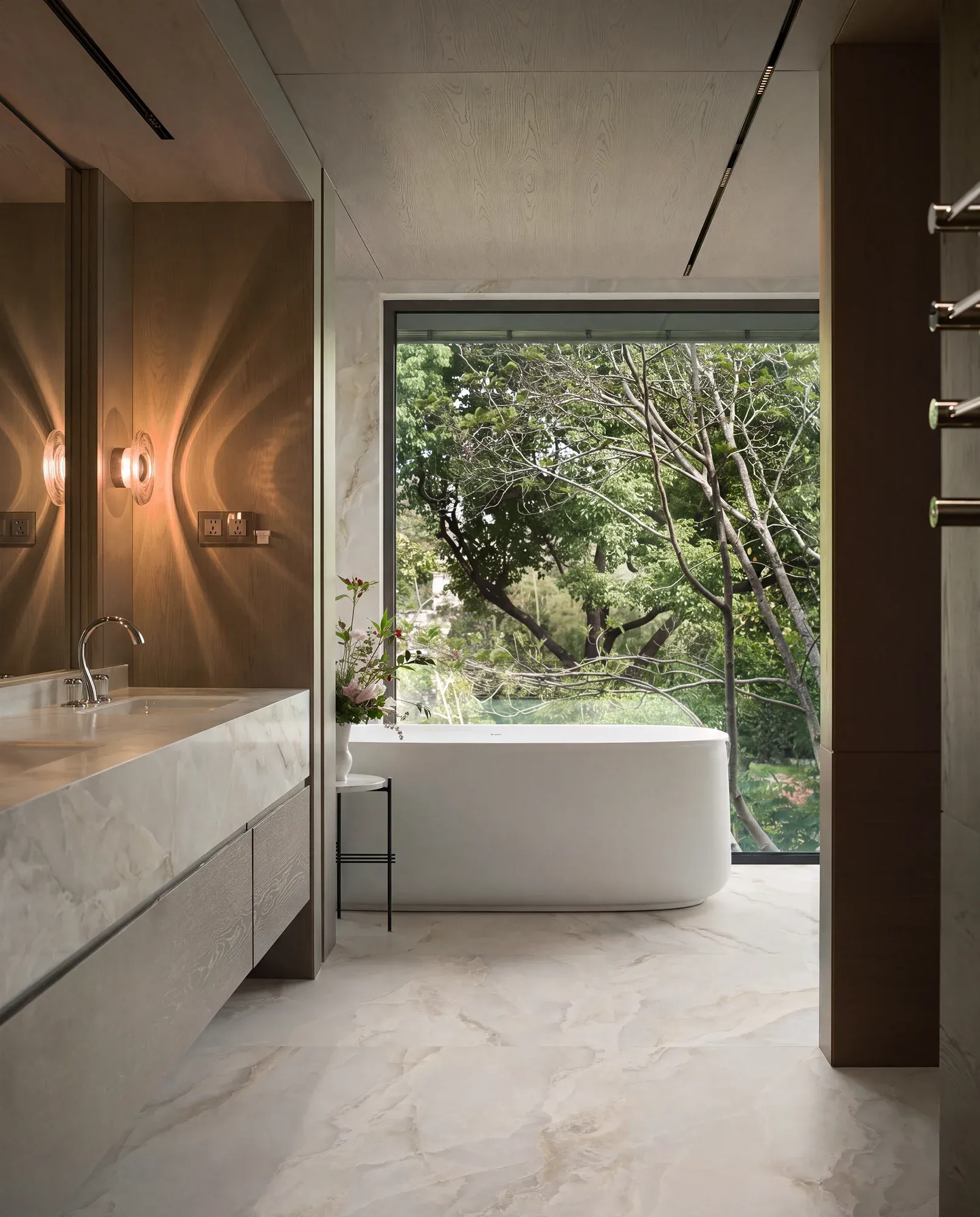 Raphael Jade Beige beige sintered stone used in a bathroom vanity wall and floor
