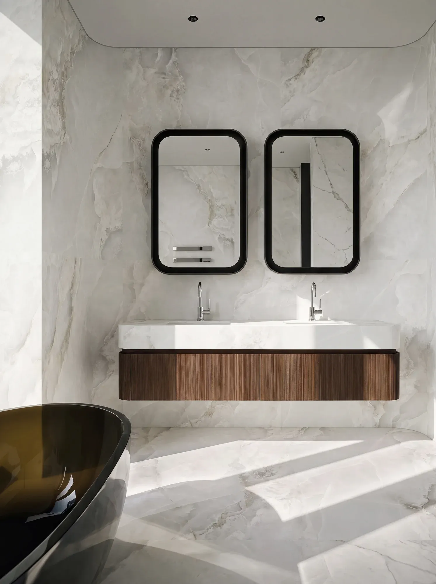 Raphael Jade White white sintered stone used in a bathroom vanity wall and floor