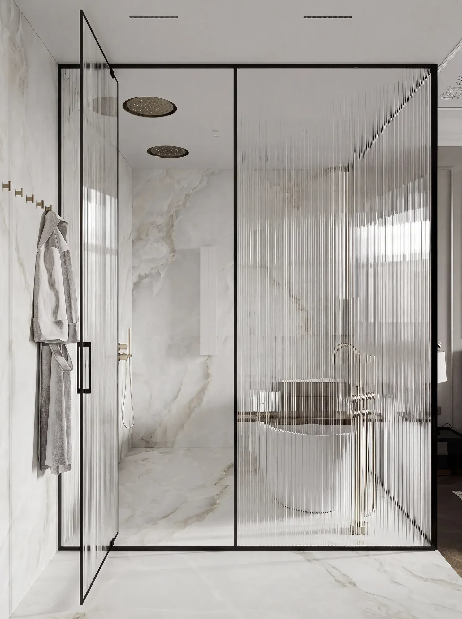 Raphael Jade White white sintered stone used in a glass shower wall and floor