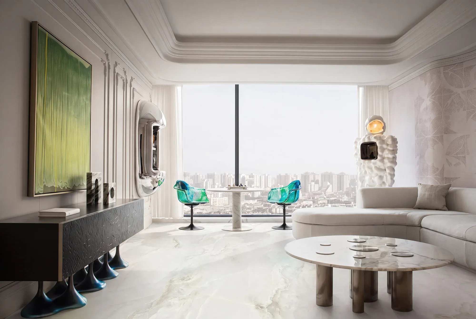 Raphael Jade White white sintered stone used in a living room wall and floor