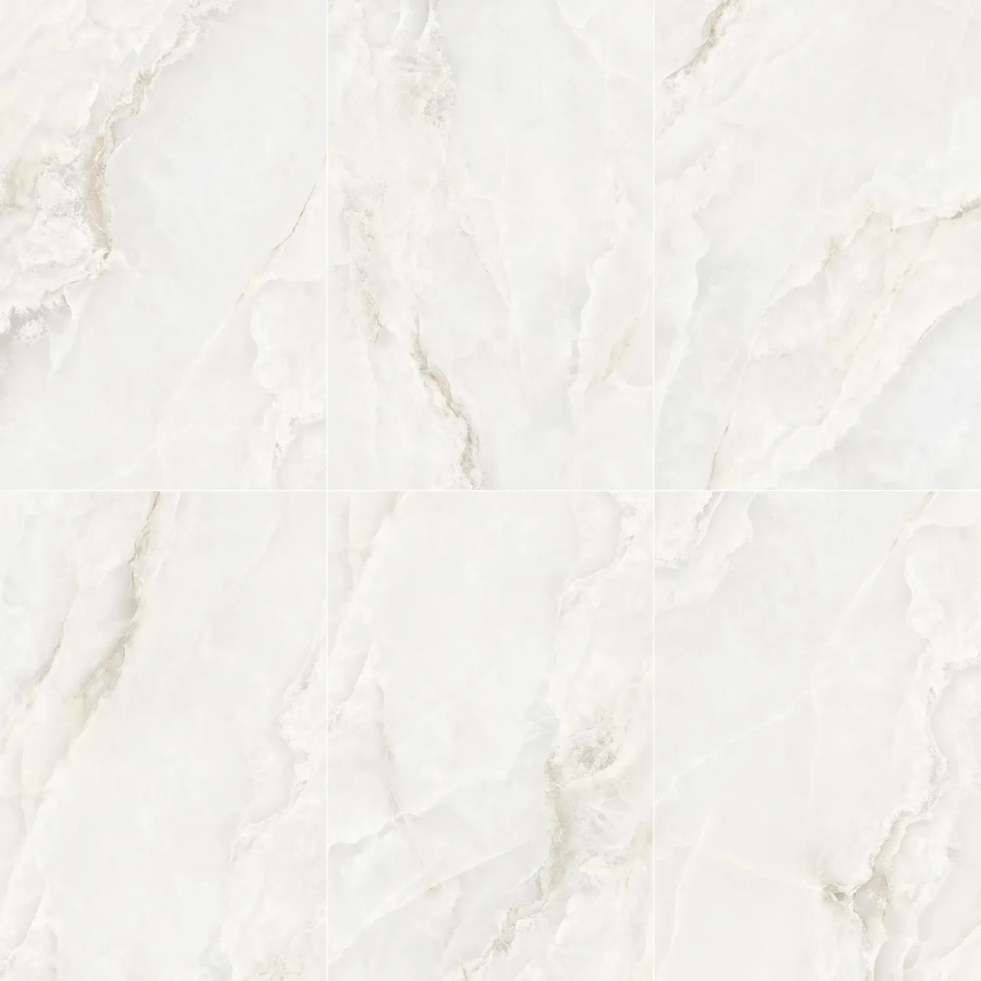 Six coordinated Raphael Jade White white onyx look sintered stone slab faces