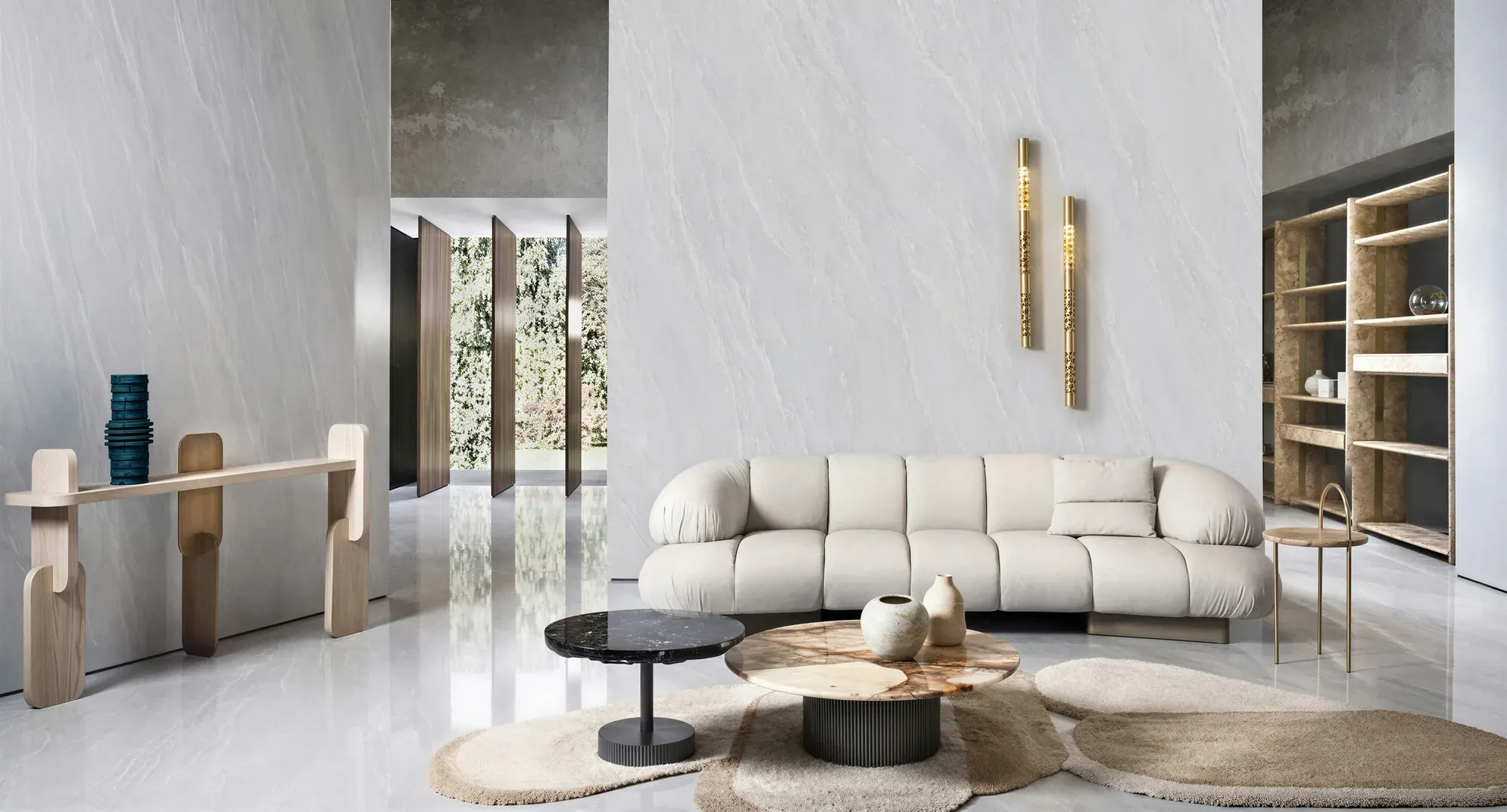 Royal White Jade white sintered stone used in a bright living room wall and floor