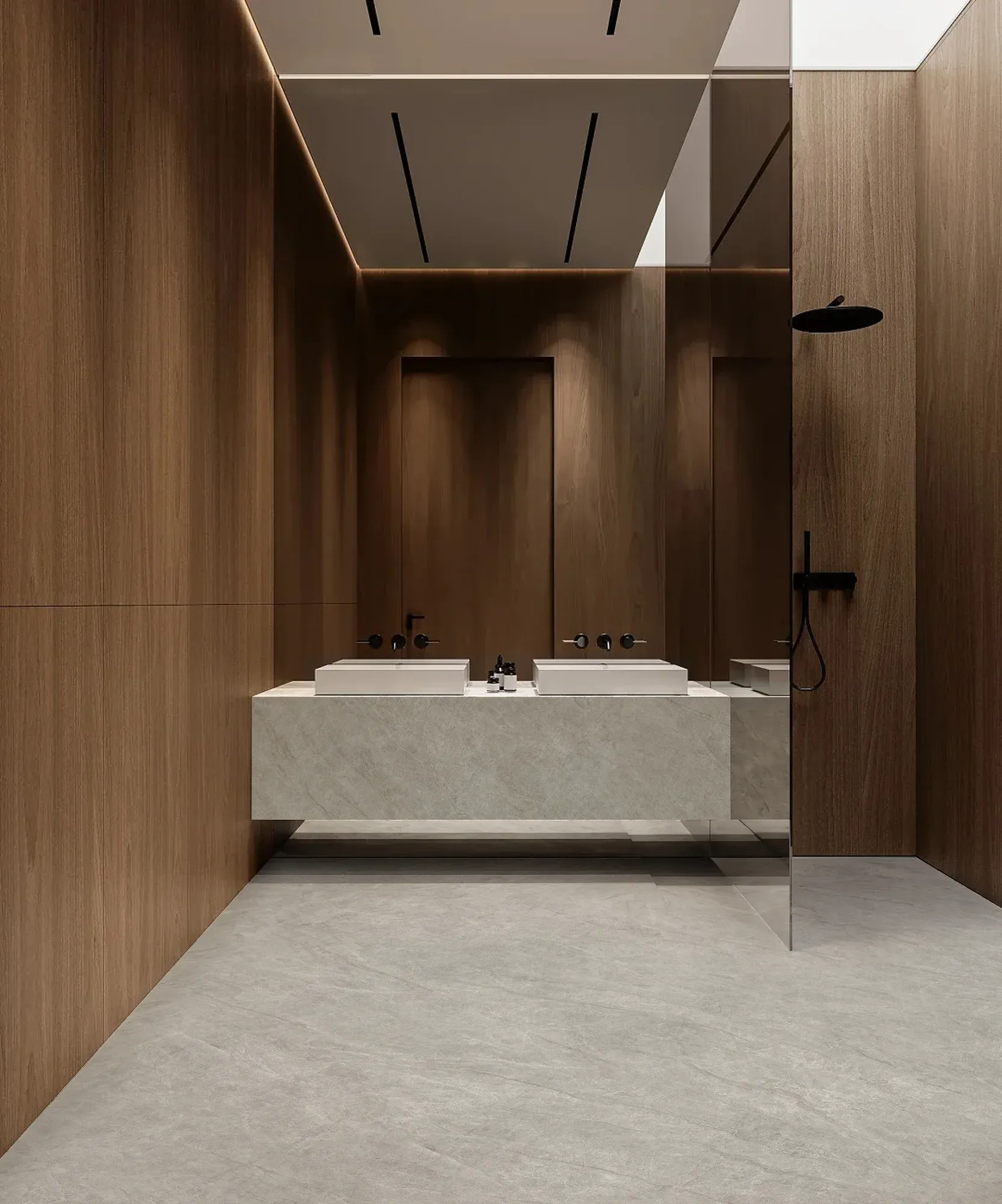 Taj Mahal gray white sintered stone used in a wood-paneled entry hall floor