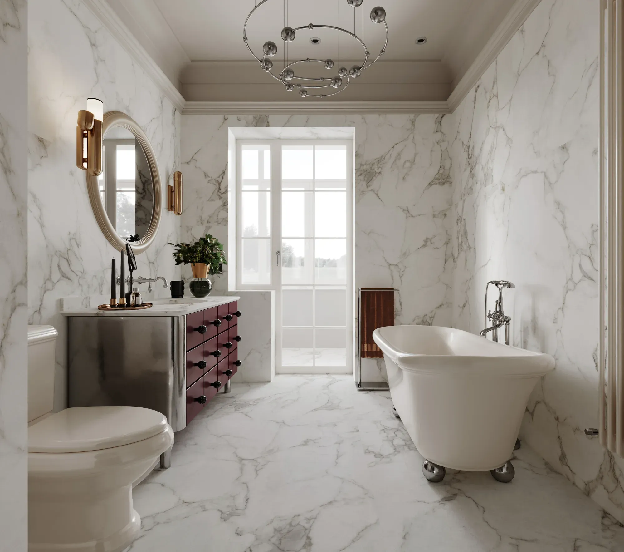 Tuscan Dawn white and gold sintered stone used in a classic bathroom wall and floor