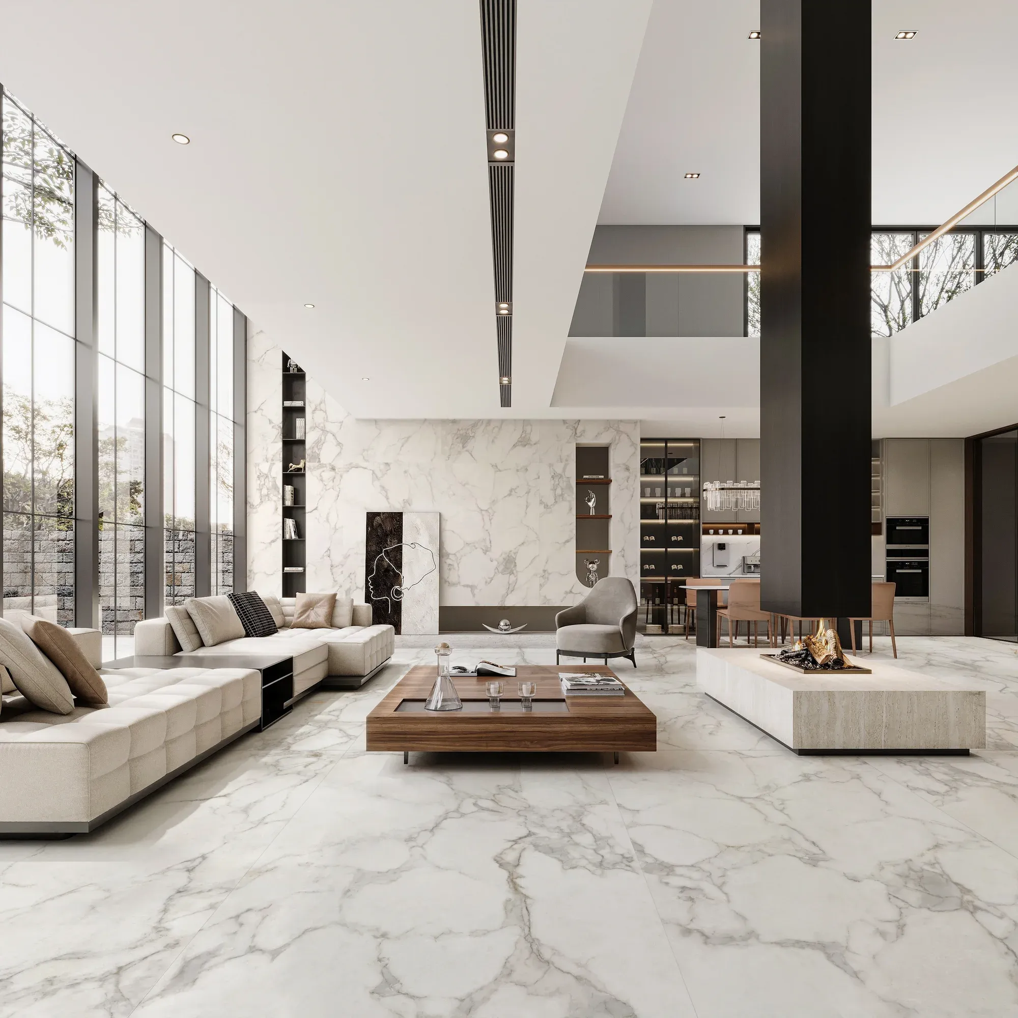 Tuscan Dawn white and gold sintered stone used in a large living room floor