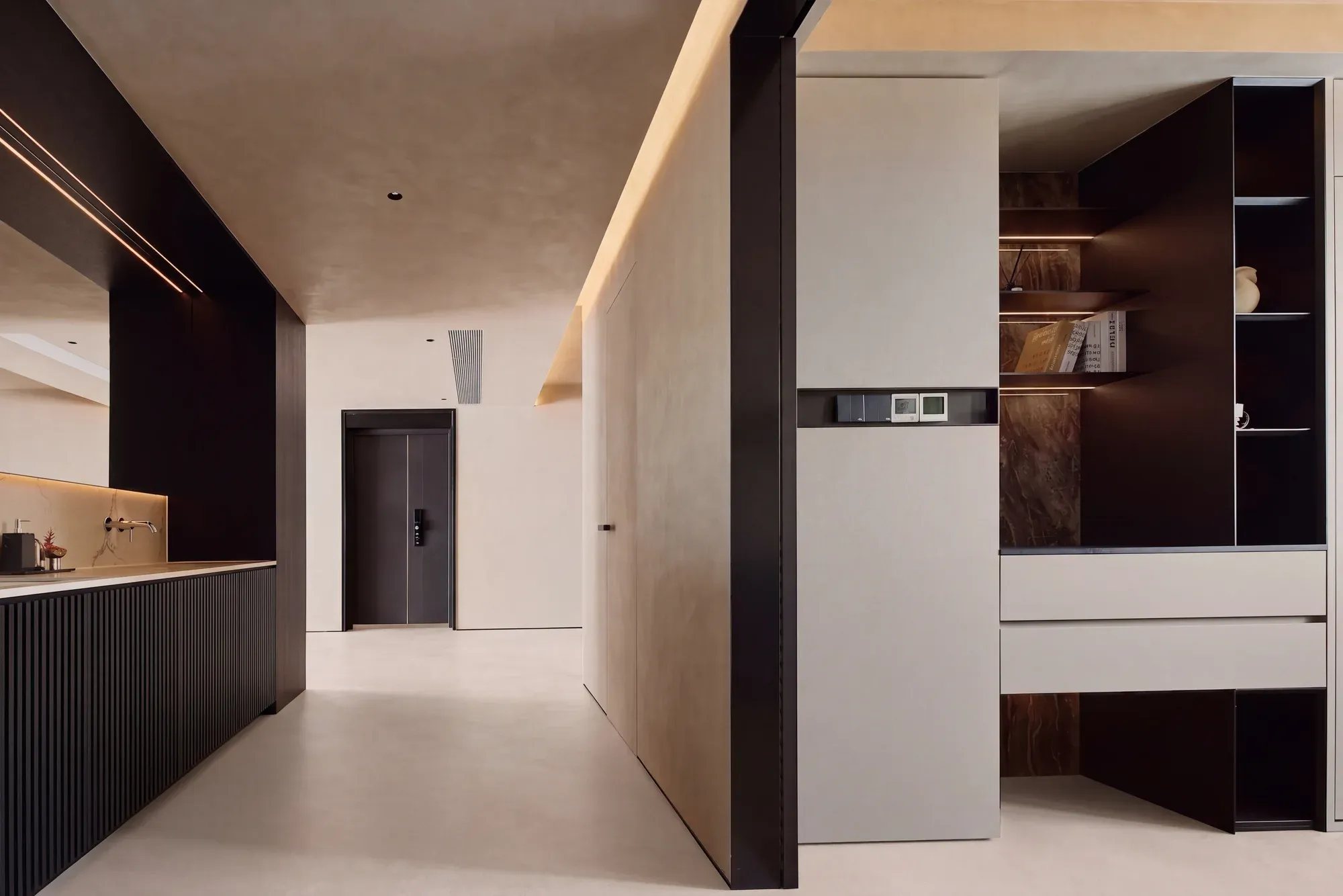 Veil Crema beige sintered stone used in a interior corridor floor