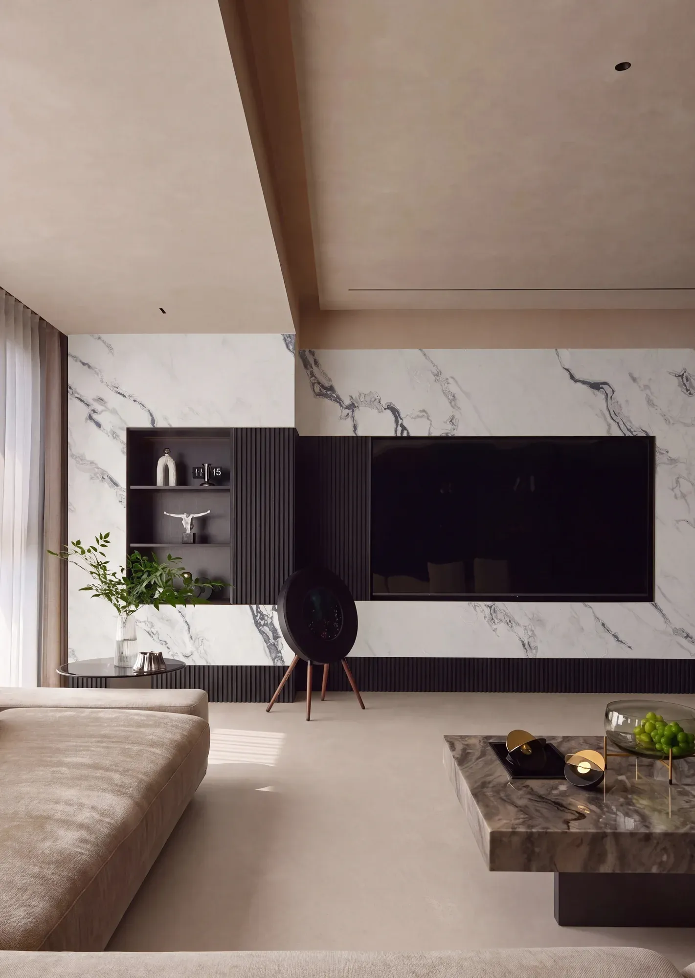 Veil Crema beige sintered stone used in a living room floor
