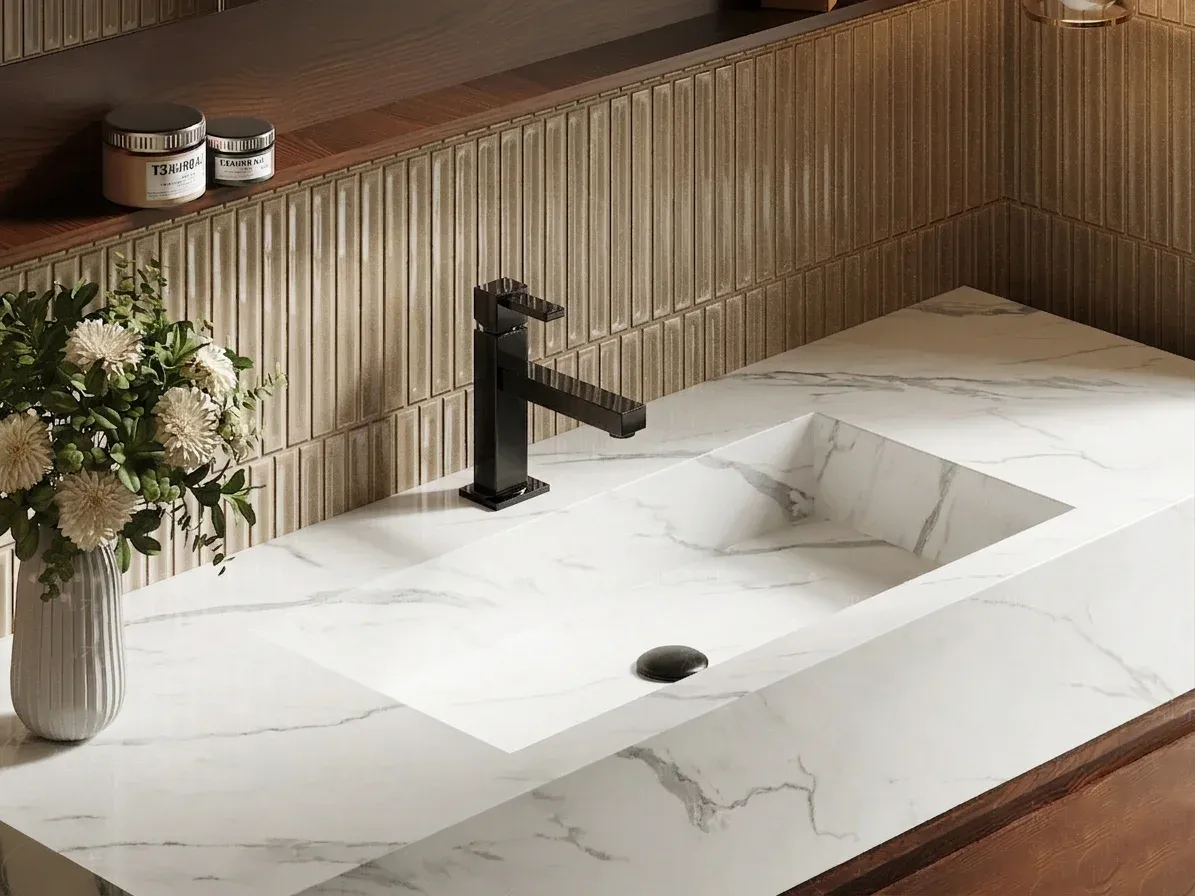 White Carrara white gray sintered stone used in a bathroom vanity countertop