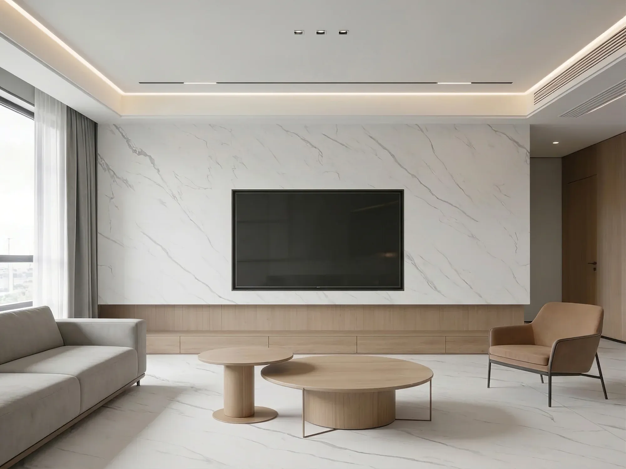 White Carrara white gray sintered stone used in a living room TV feature wall
